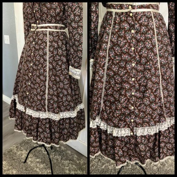 70's Vintage Brown White Calico Western Prairie Cowgirl Midi Skirt - Picture 2 of 4